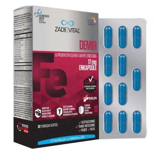 Zade Vital Iron و Prebiotic تحتوي على أغذية تكميلية 30 كبسولة