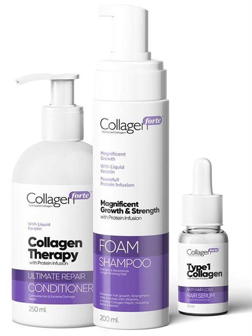 Collagen Forte ™ تحتوي مجموعة كولاجين فورت ™ للشعر على مستويات عالية من الكولاجين والكيراتين