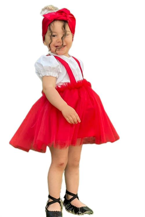 فستان حفلة للفتيات بأكمام قصيرة فستان عيد ميلاد 3 قطع مع عصابة للرأس وقميص كهدية - أحمر