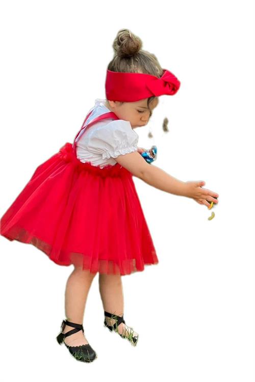 فستان حفلة للفتيات بأكمام قصيرة فستان عيد ميلاد 3 قطع مع عصابة للرأس وقميص كهدية - أحمر