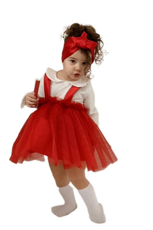 فستان بناتي حفلة عيد ميلاد 3 قطع عصابة رأس وقميص كهدية - احمر