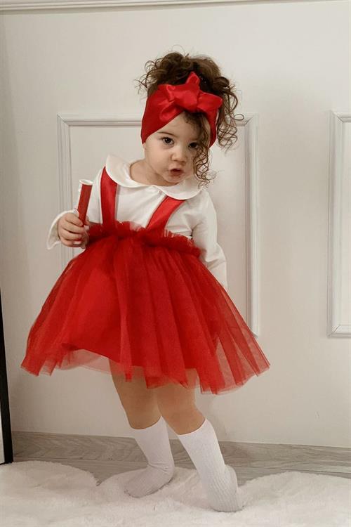 فستان بناتي حفلة عيد ميلاد 3 قطع عصابة رأس وقميص كهدية - احمر